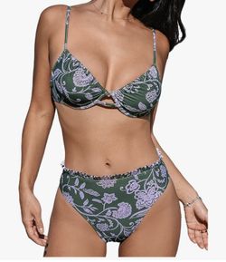 CUPSHE Women Swimsuit Bikini Set High Waisted Push Up Cheeky Drawstring Two Piece Bathing Suit