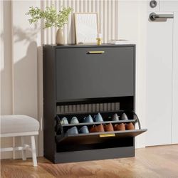 Shoe Cabinet Storage for Entryway, Slim Black Hidden Shoe Organizer Cabinet with 2 Flip Drawers