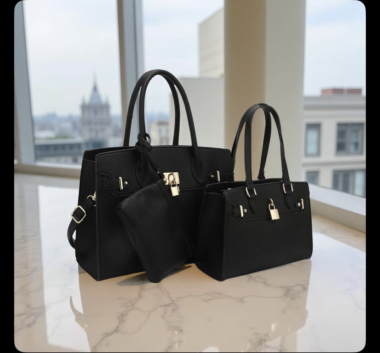 BagParty 3-Piece Vegan Leather Handbag Set, Fashion Tote Bag with Crossbody Bag and Extra Pouch