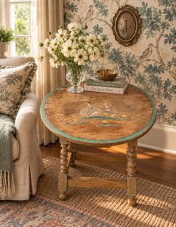 Cottagecore Vintage Round Painted Wood Side Table 1940’s Folk Art Birds Floral Turned Legs Rustic Weathered Aged