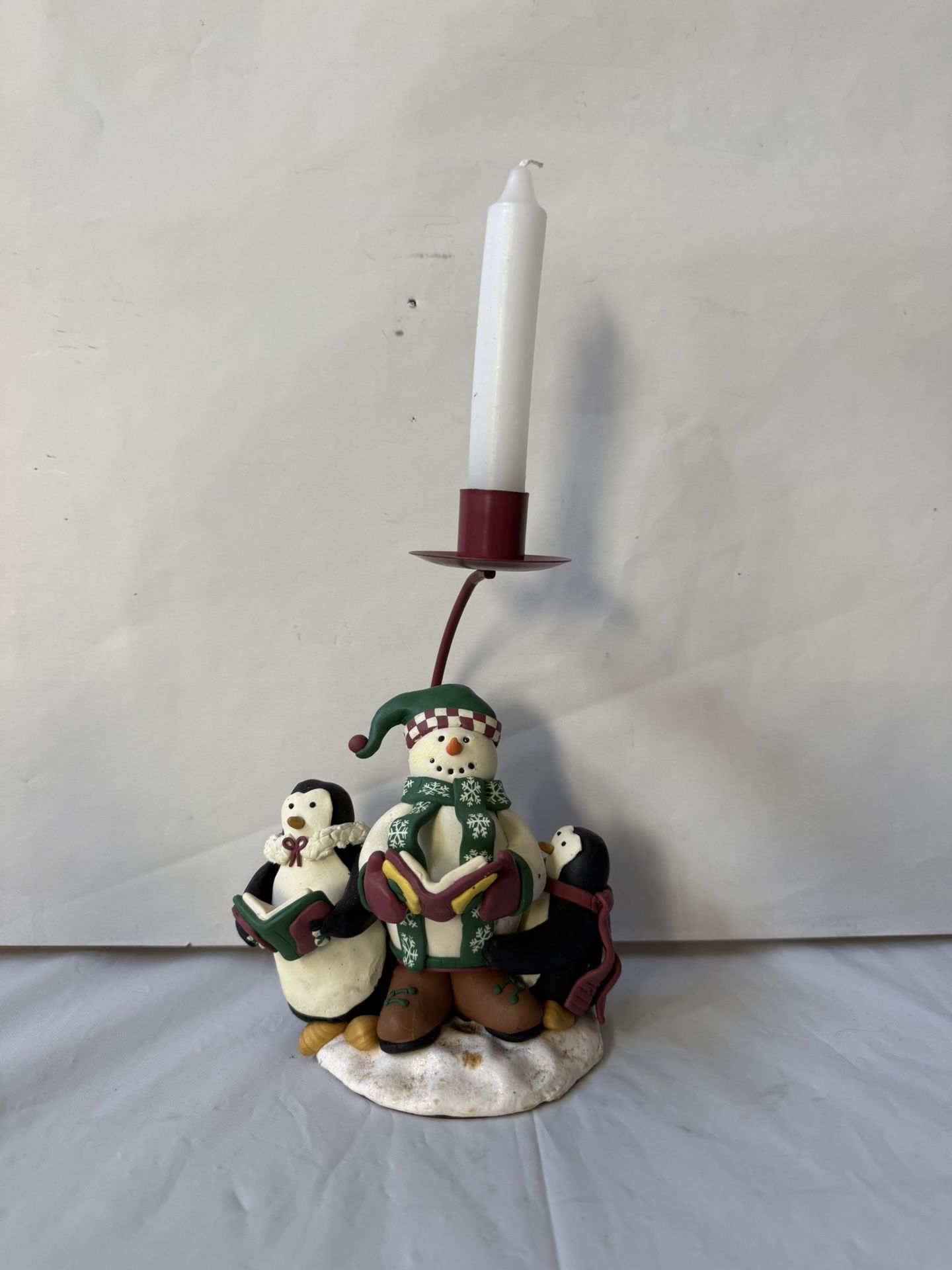 Vintage Mervyn’s 1999 Christmas Candle Holder Featuring a Cute Snowman and 2 Penguins Reading Books 