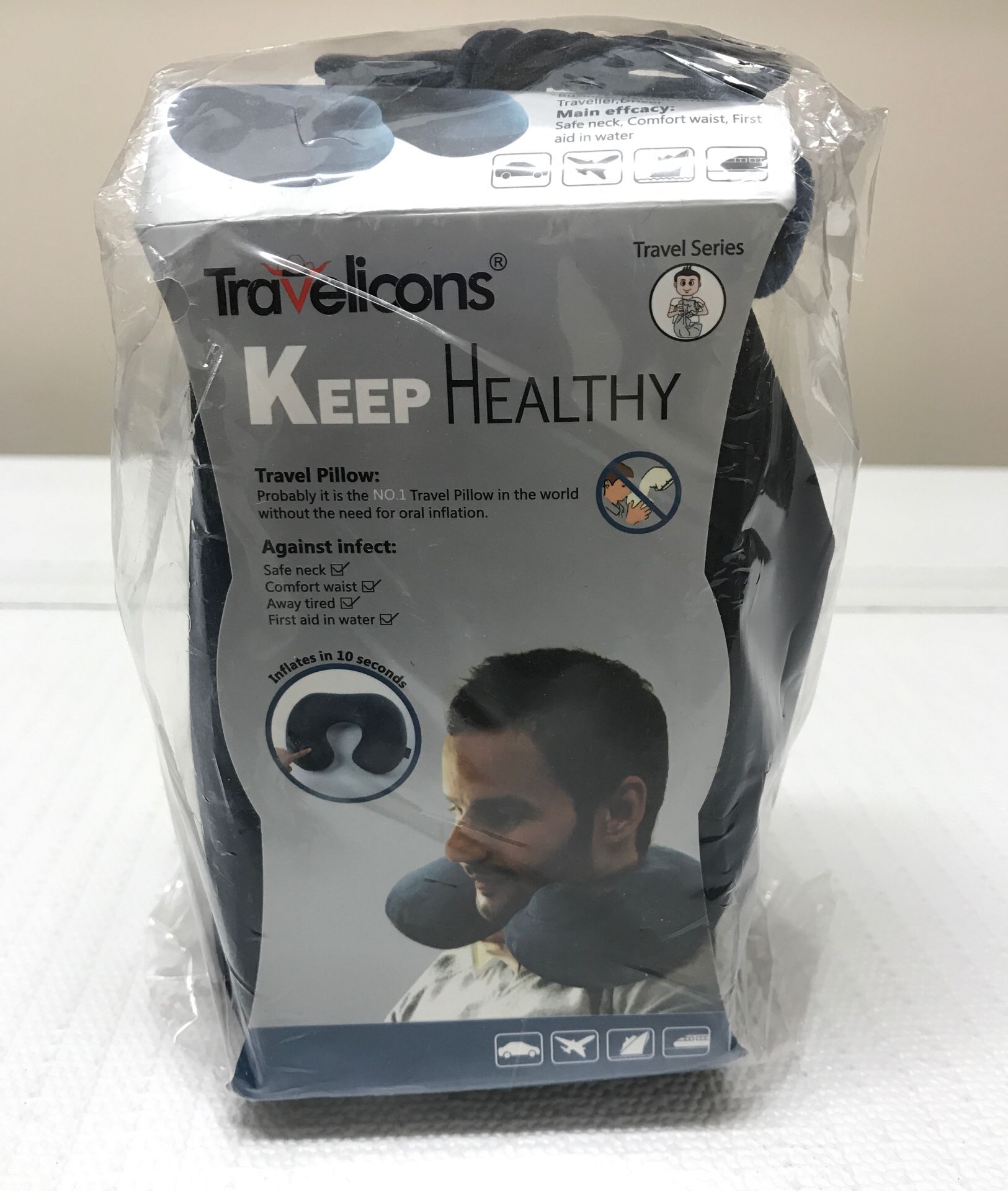 New Travelicons Self-Inflatable Travel Neck Pillow With Travel Pouch Inflates in 10 Seconds