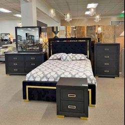 Black Velvet Bedroom Set Queen or King Bed Dresser Nightstand Mirror Chest Options Pepe 