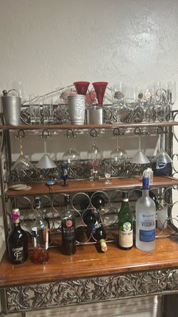 Metal and Wood Bar Cart with Wine Rack