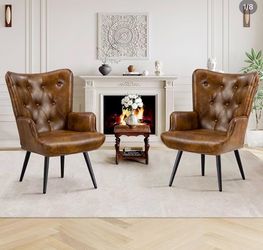 PU Leather Accent Chair for Living Room, Upholstered Reading Chair with High Backrest, Tufted-Button Wingback Armchair for Bedroom, Dressing Room, Hom