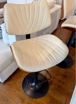Beige upholstered wood modern bar stool pair