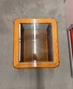 Solid Oak Coffee Table with Glass Top & Storage Shelf
