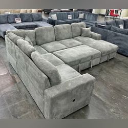 Large Gray Corduroy Sectional Sofa with pull out bed