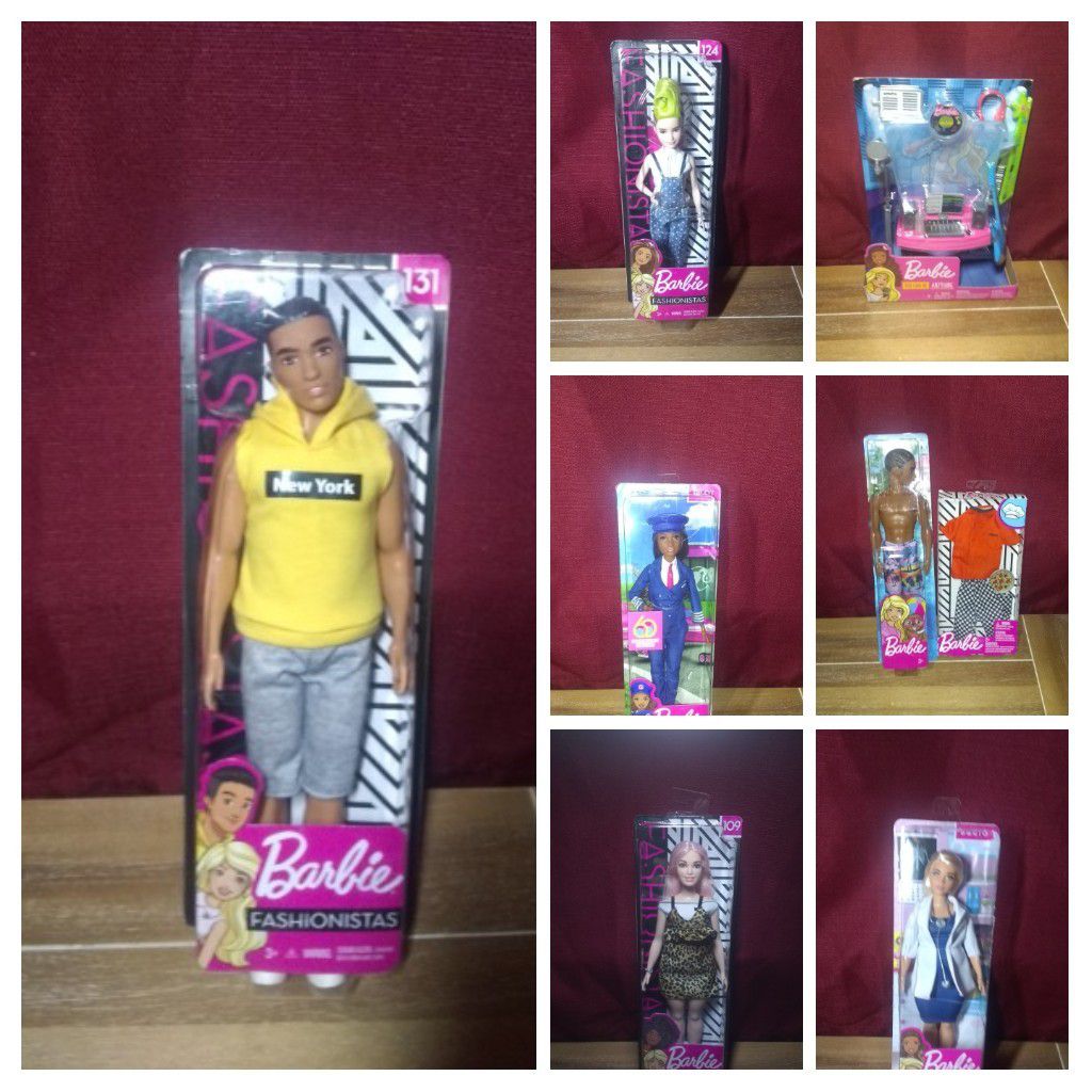 New 4 Barbies & 2 Ken Dolls, 1 New Ken Outfit & 1 DJ / Music Accessories