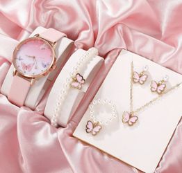 6PCS Set Women Fashion Quartz Watch Female Clock Pink Butterfly Dial Luxury Bran