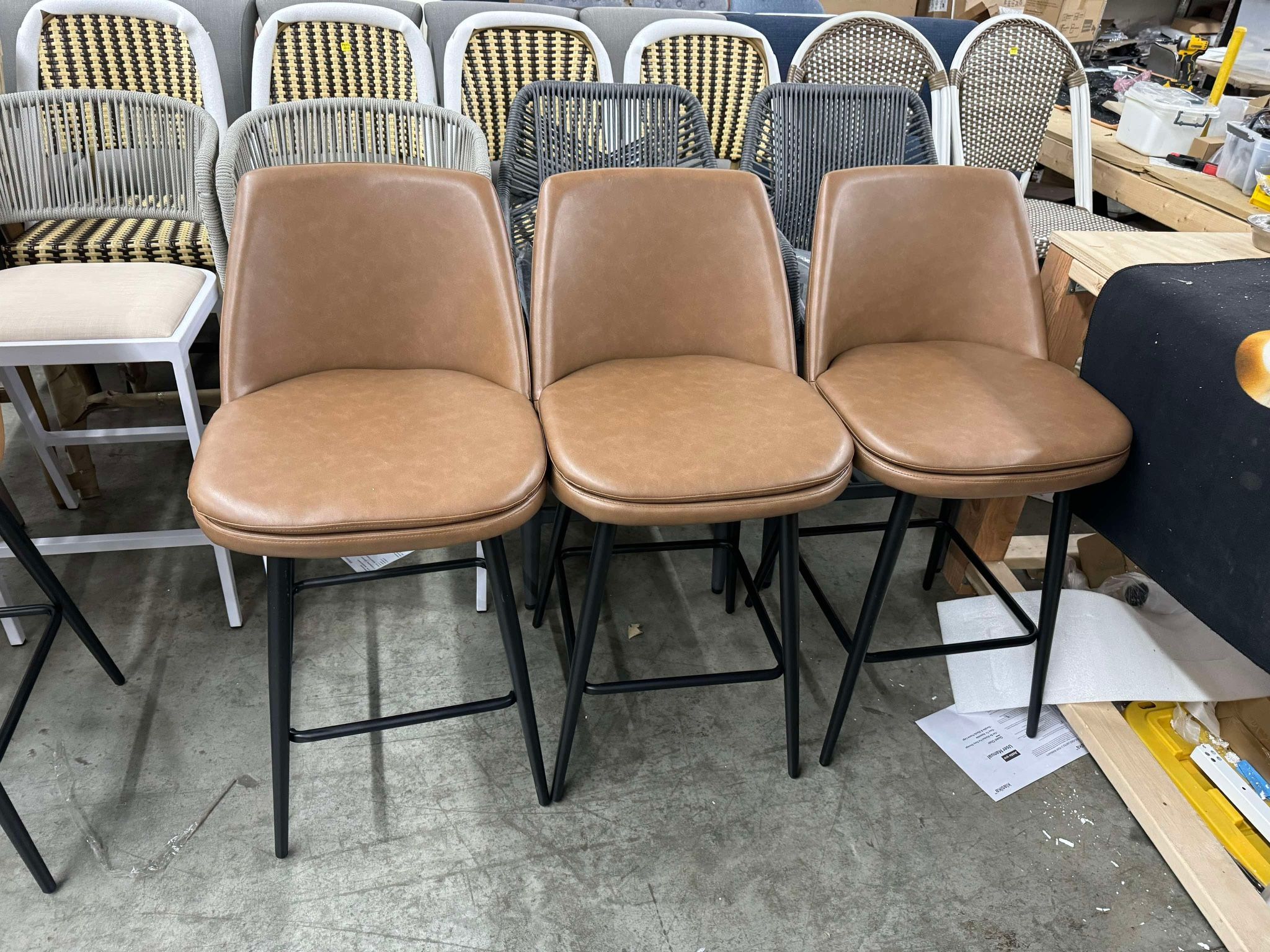 CHITA 27 inch Counter Height Swivel Bar Stools Low Back Set of 3, Metal Base, Faux Leather in Saddle Brown