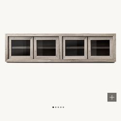 LIKE NEW CUSTOM RESTORATION HARDWARE RH RECLAIMED OAK GLASS 4 DOOR MEDIA CONSOLE 100’: Retail $4500