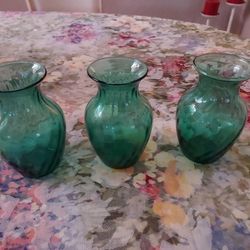 THREE Lovely Small Green Glass Vases