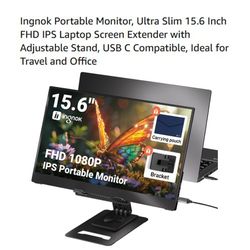 Monitor, Ultra Slim 15.6 Inch FHD IPS Laptop Screen Extender with Adjustable Stand, USB C Compatible, Ideal for Travel and Office

