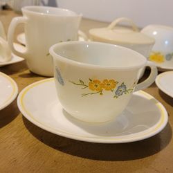 Vintage  Pyrex Cups, Sugar Bowl and Milk Jug  and Corelle Saucers