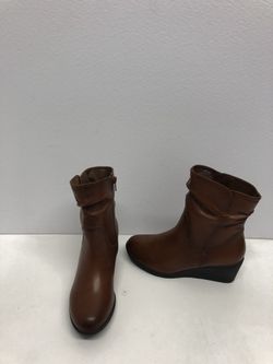 Women leather ankle boot wedge hill cognac side zipper