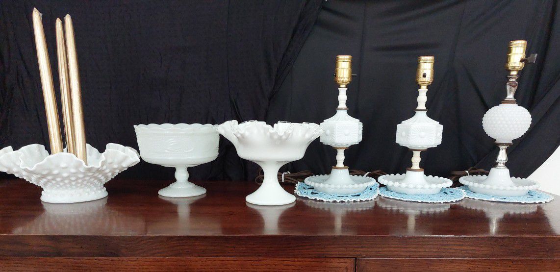 Vintage / Mid-century Milk Glass Collection (Candlestick Holder, Table Lamps, Compote Dishes) Hobnail Fenton