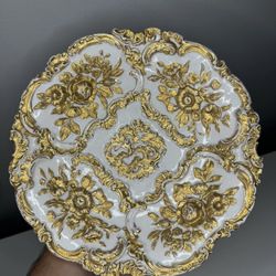 Antique Meissen 19th Century Porcelain Gold Plate, Rococo Germany Gold Gilt Rose