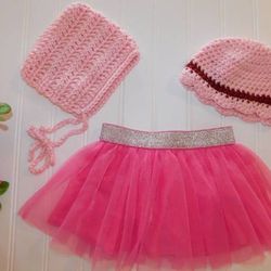 NEW Handmade Crochet Baby Girls Pink Bonnet Cap Set & Tutu Skirt 0-3M 0-3 Months 