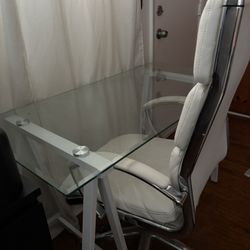 Modern Glass Vanity / Writing Desk + Chair Set– White