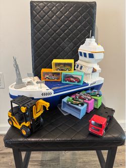 Toy Cargo Ship Transport Playset w/ Lights, Sounds, Inside Race track, Forklift, Truck, Containers & Cars