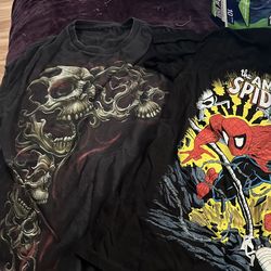 One skull print shirt and spiderman tee S/M