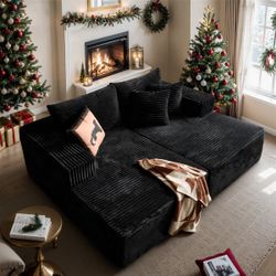 87” Black Foam Injected Sleeper Sofa Chaise  With Dual Mattress  [No assembly Req]