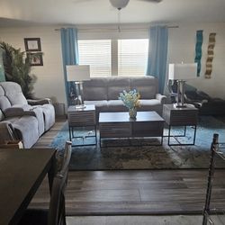 Gray Brougham Recliner Sofa and Recliner Loveseat. 