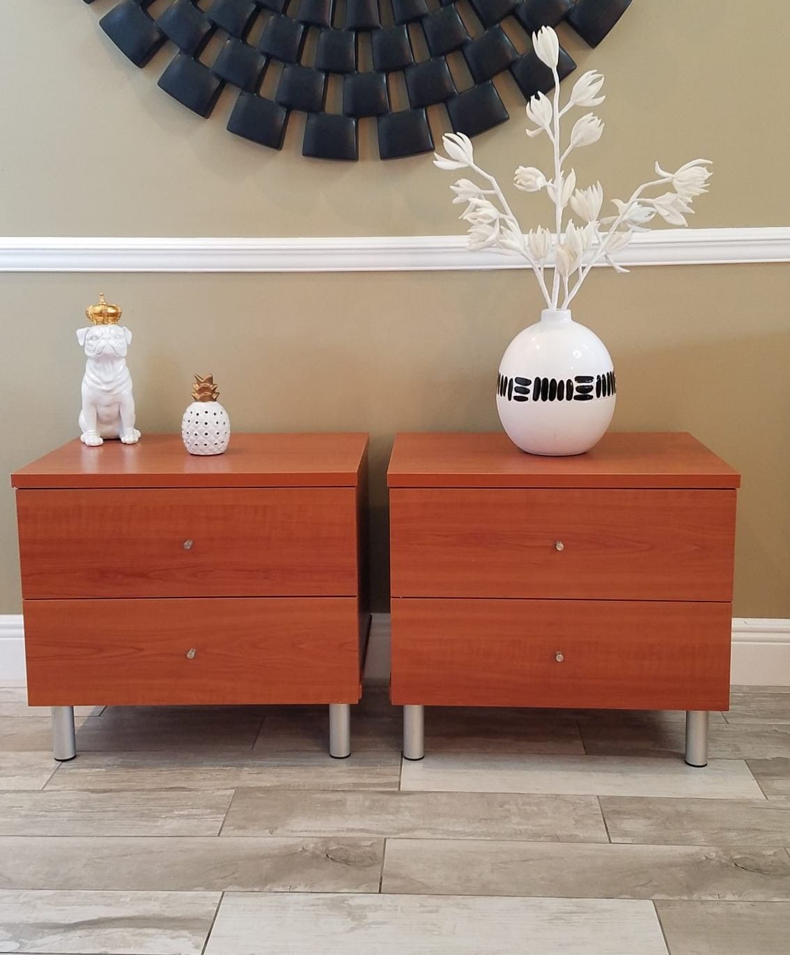 BRAND NEW....Brand new modern cherry wood two drawer nightstands / end tables with silver tubes legs H=21" d=16" w=22.75"