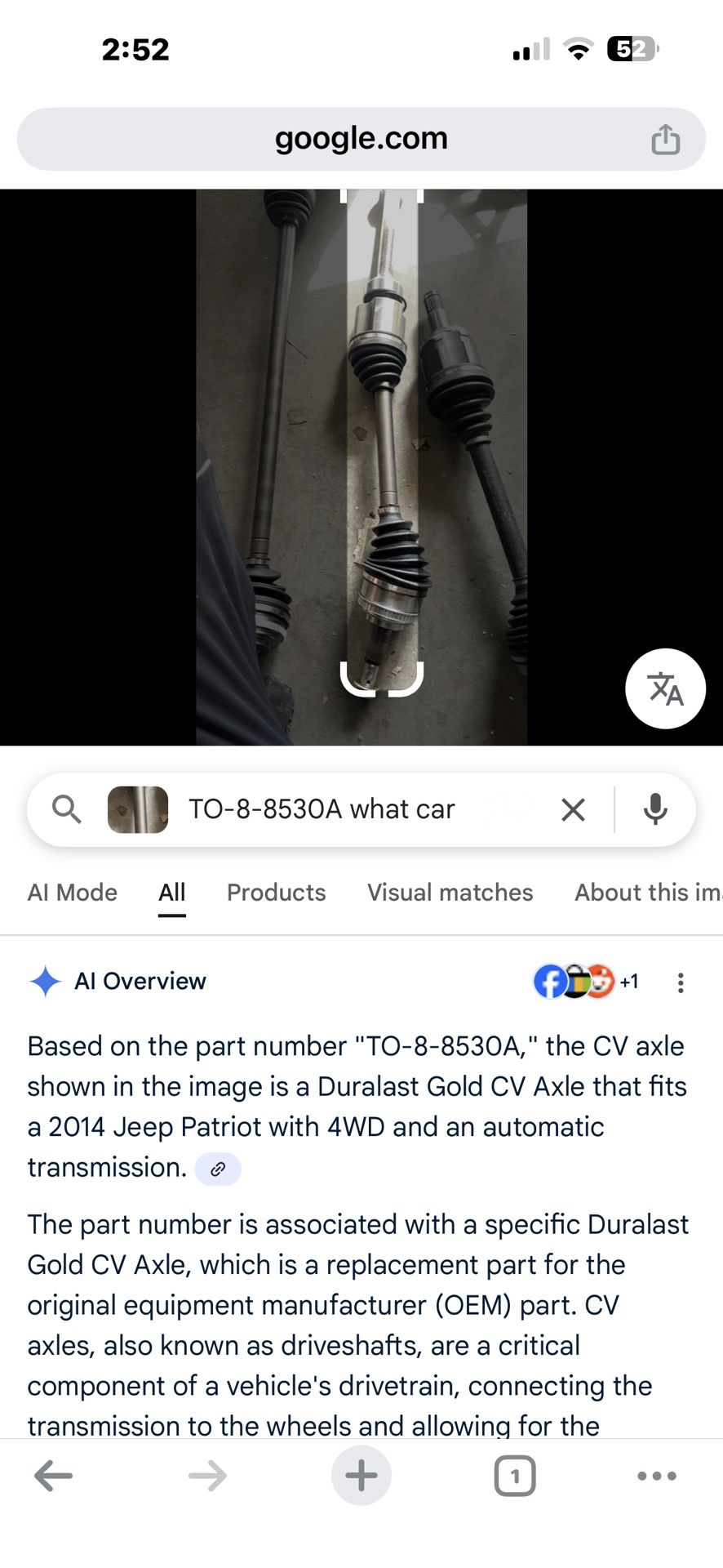 CV axle shown in the image is a Duralast Gold CV Axle that fits a 2014 Jeep Patriot with 4WD