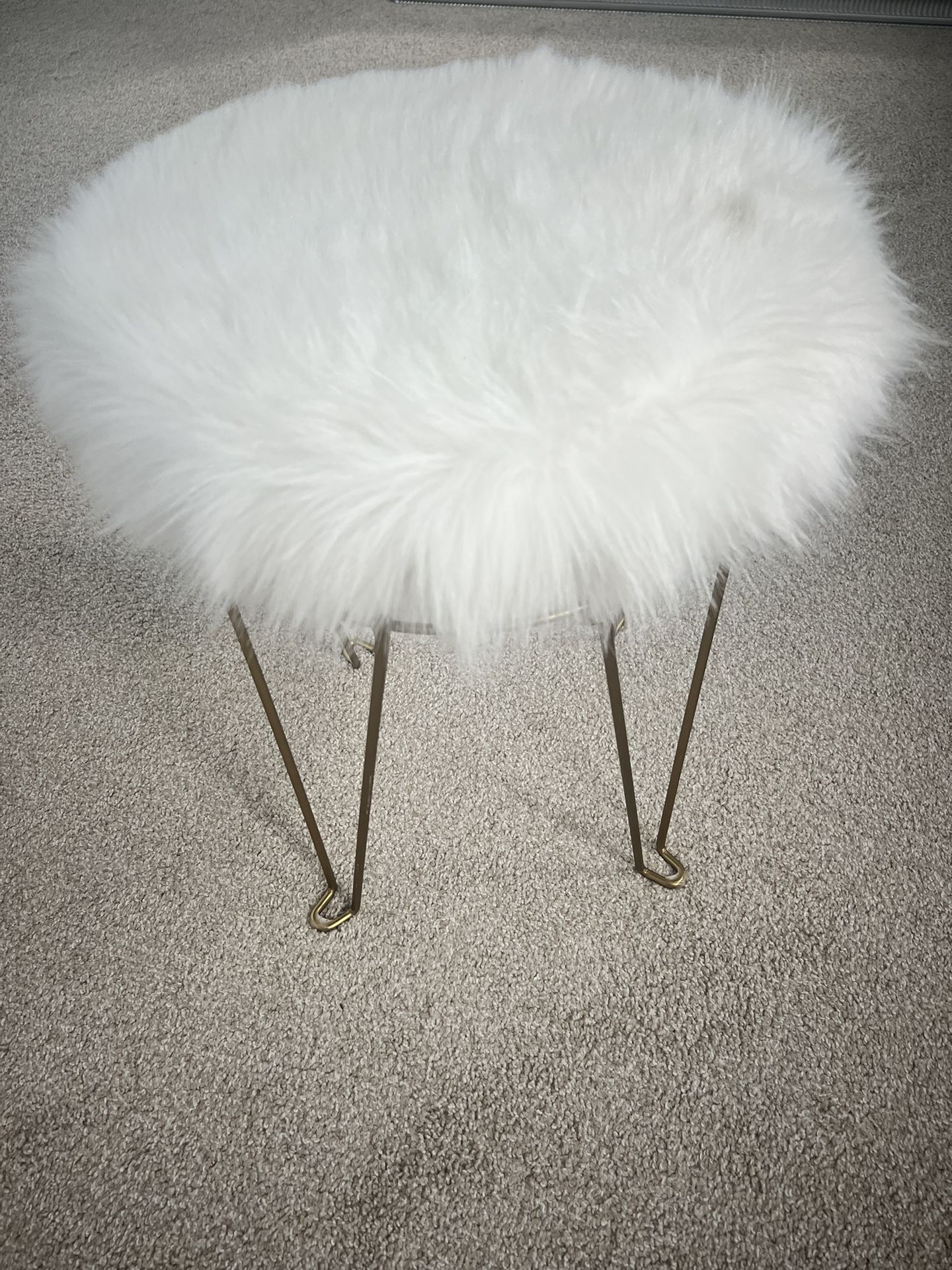 Fauxfur White  Stool With Golden Metal Legs