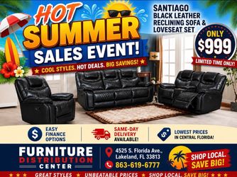 Limited time sale. Santiago black leather reclining sofa and loveseat set only $999. Easy finance option. Same-day delivery.