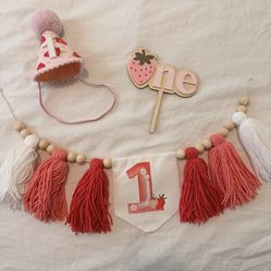 Pink Strawberry High hair banner, hat, and cake topper