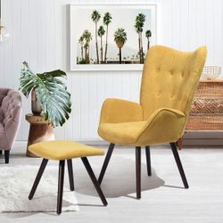 Homy Casa KAS 2PC Leisure Chair with Ottoman Yellow Velvet Upholstered Accent Chair Set