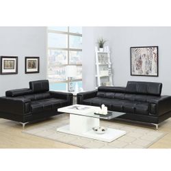 Sofa Loveseat Set Black Faux Leather Chrome Legs Adjustable Headrest Brand New In Box Firm Price $799