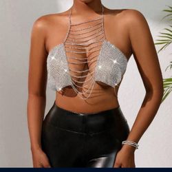 Rhinestone Chain Detail Backless Crop Halter Top
