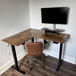 Motorized Standing/Sitting Desk L-Shape Monitor Riser And Desk Chair