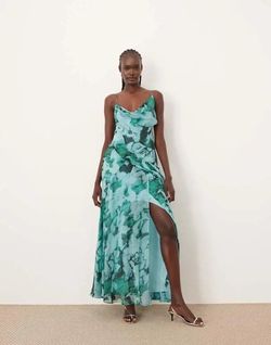 ARRANGE chiffon cami asymmetric drape maxi dress in blue abstract print (UK6)