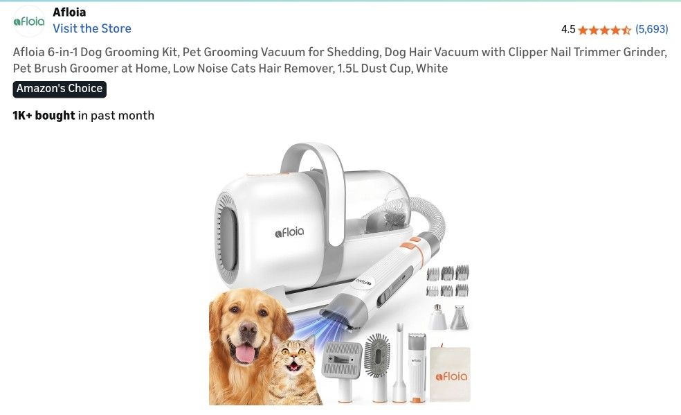 Afloia 6-in-1 Dog Grooming Kit, Pet Grooming Vacuum for Shedding, Dog Hair Vacuum with Clipper Nail Trimmer Grinder, Pet Brush Groomer at Home, Low No