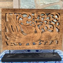 Vintage Detailed carved wood decor peacocks Rectangular Art Piece Boho Style