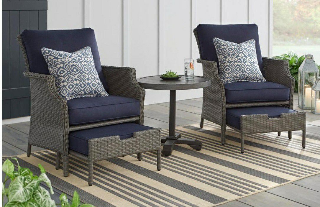 Hampton Bay Grayson 5-Piece Ash Gray Wicker Outdoor Patio Small Space Seating Set with CushionGuard Sky Blue Cushions