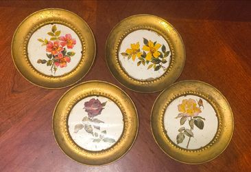Antique Brass Finished 5.25" Round Flower Home Decor, Set Of 4, Made In England