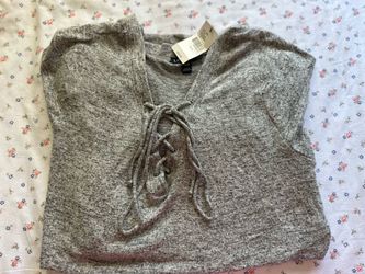 Gray Lace-Up Front Knit Top