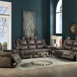 Brand New Grey Leather-Aire Power Motion Sofa and Love Seat Set