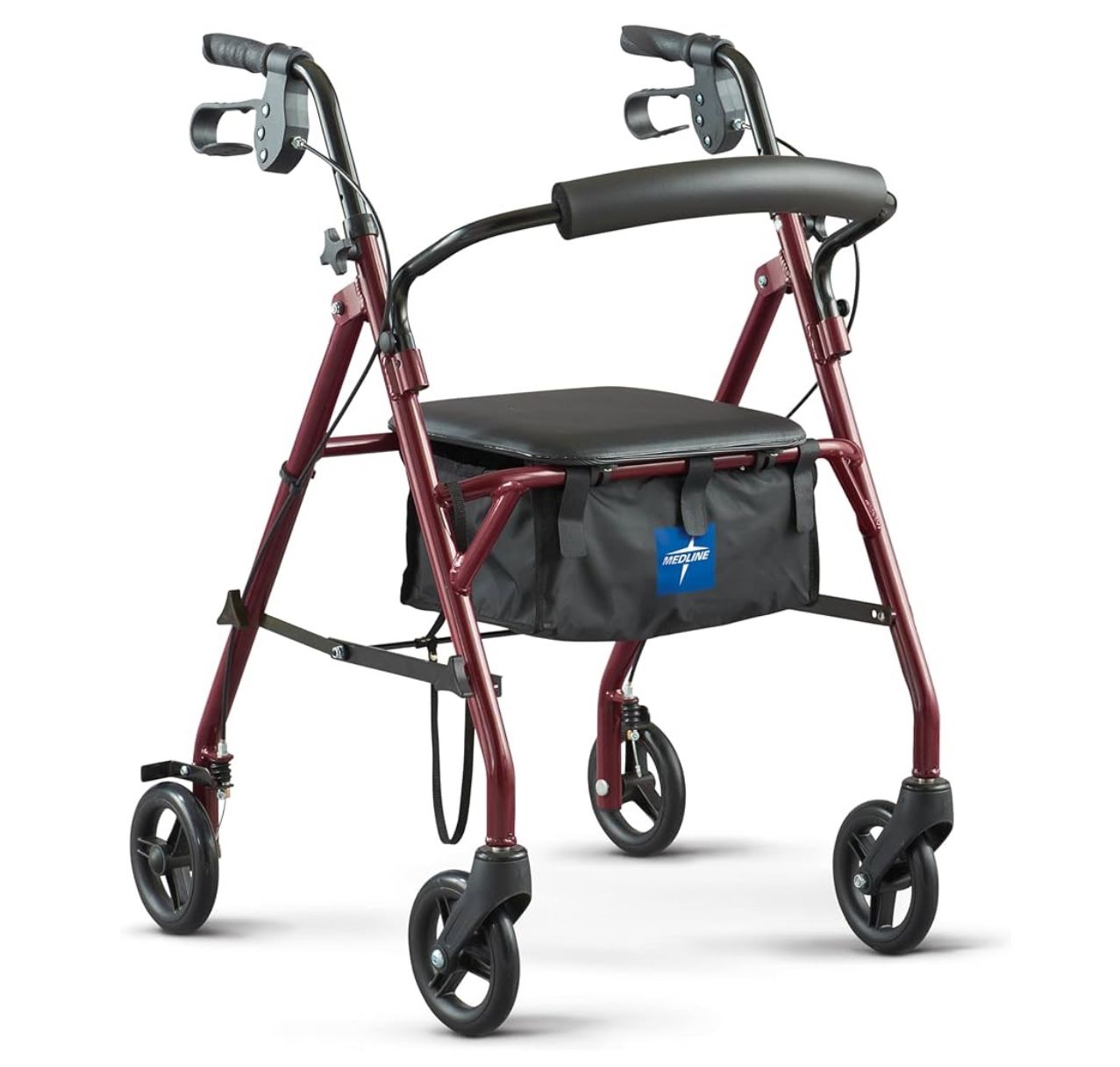 Medline Rollator Walker with Seat, Steel Rolling Walker with 6-inch Wheels Supports up to 350 lbs, Medical Walker, Burgund