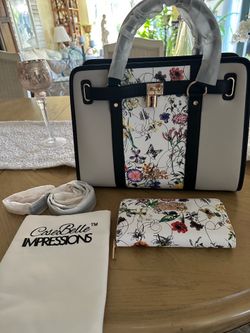 CoseoBelle impressions crossbody/carry satchel purse w wallet, detachable gold strap dust cover bag New