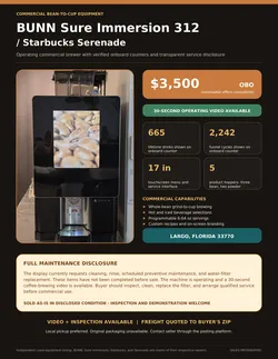 BUNN Sure Immersion 312 Bean-to-Cup Commercial Coffee Machine Starbucks Serenade Single-Cup Brewer