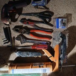 Tools (Small Vice, New Lock In Box, Hardware And Other Various Hand Tools) In A Large Tool Box.