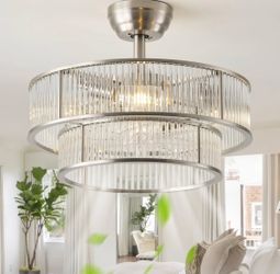 New Lights, 20" Chrome Caged Crystal Chandelier Ceiling Fan  Remote Control,Fandelier Reversible