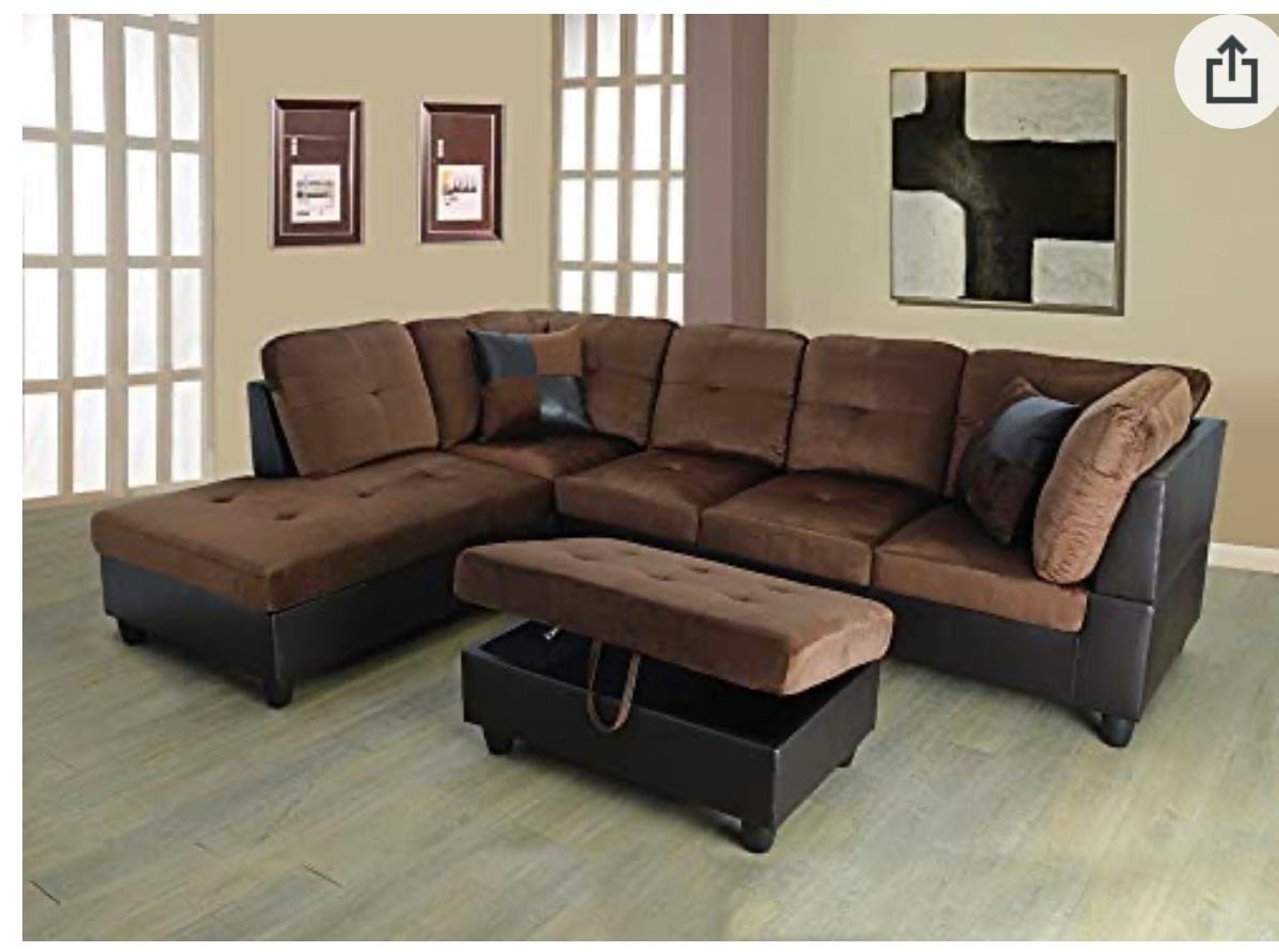 Chocolate Microfiber Sectional Couch And Ottoman
